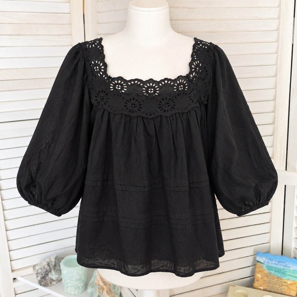 Black Eyelet Lace Square Neck Cotton Blouse Size L Puff Sleeve Boho Top